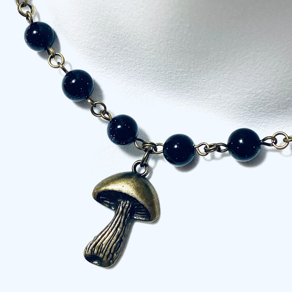 Dark Blue Goldstone Bronze Link Adjustable Short Necklace w/ Slim Mushroom Charm